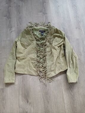 Dialogue Olive Sage Fringe Suede Jacket
